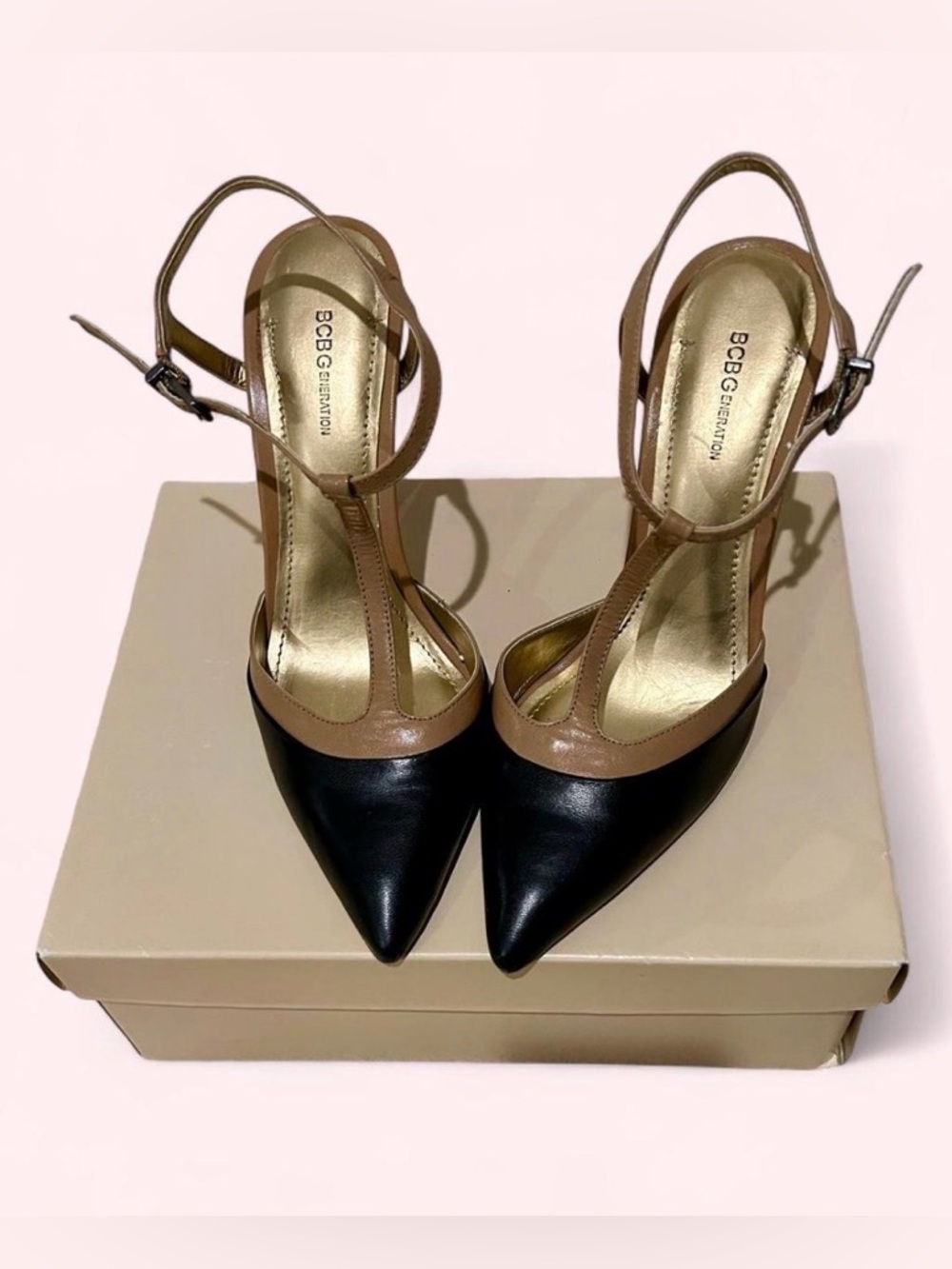 Black & Tan T-Strap Heels - Picture 2 of 6